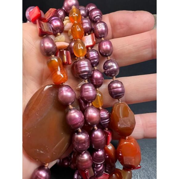 NEW carnelian and freshwater pearl strand necklace with sterling silver clasp - Picture 6 of 13